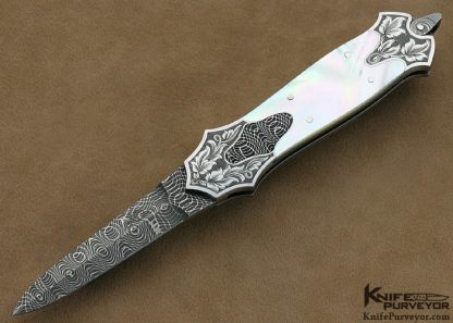 Warren Osborne Custom Knife Mother of Pearl & Damascus Assisted Opening Wing Dagger Engraved by Simon Lytton