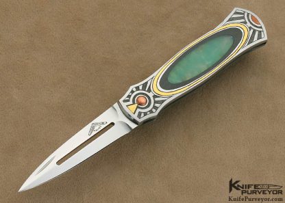 Warren Osborne Custom Knife Edwards Black Jade and Green Apple Jade Interframe Lockback Dagger Engraved by Jon Robyn