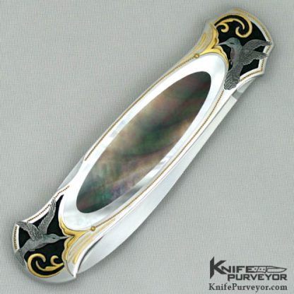 Tom Overeynder Custom Knife Double Pearl Inlay Lockback Dagger Engraved by Julie Warenski - Image 3