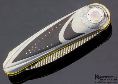 Owen Wood Custom Knife Art Deco "Corona" Amber & Sole Authorship Damascus Linerlock - Image 3