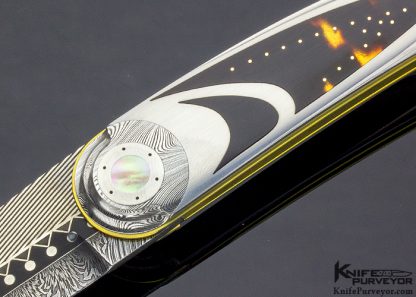 Owen Wood Custom Knife Art Deco "Corona" Amber & Sole Authorship Damascus Linerlock - Image 2
