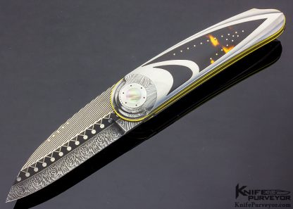 Owen Wood Custom Knife Art Deco "Corona" Amber & Sole Authorship Damascus Linerlock