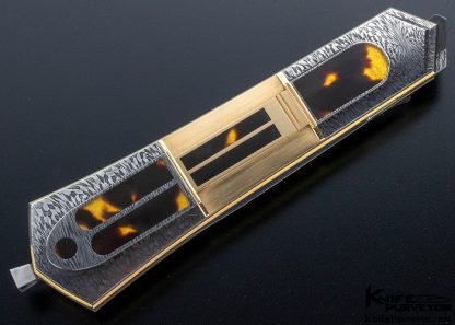 Owen Wood Custom Knife Amber Sole Authorship "Chevron & Explosion" Damascus with Amber & 14Kt Rose Gold Inlaid "Cathedral Dagger" Linerlock - Image 8