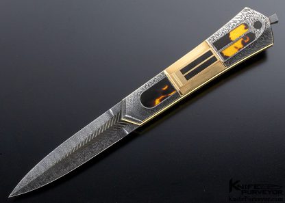 Owen Wood Custom Knife Amber Sole Authorship "Chevron & Explosion" Damascus with Amber & 14Kt Rose Gold Inlaid "Cathedral Dagger" Linerlock