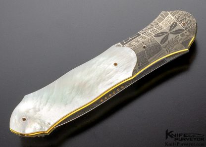 Owen Wood Custom Knife Chevron Damascus & Mosaic Pearl Linerlock Dagger - Image 5