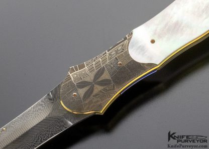 Owen Wood Custom Knife Chevron Damascus & Mosaic Pearl Linerlock Dagger - Image 2