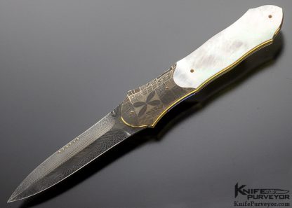 Owen Wood Custom Knife Chevron Damascus & Mosaic Pearl Linerlock Dagger