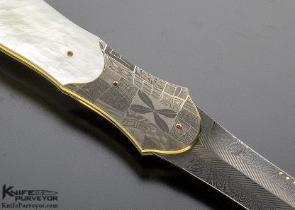 Owen Wood Custom Knife Chevron Damascus & Mosaic Pearl Linerlock Dagger - Image 4