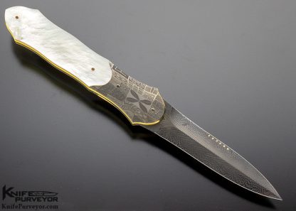 Owen Wood Custom Knife Chevron Damascus & Mosaic Pearl Linerlock Dagger - Image 3