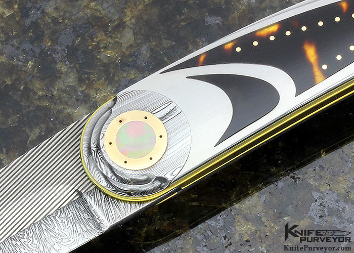 Owen Wood Custom Knife Art Deco "Corona" Amber & Sole Authorship Damascus Linerlock - Image 2