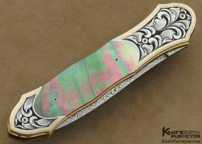 Owen Wood Custom Knives Blacklip Tahitian Pearl Shell Dagger Linerlock Engraved by Julie Warenski - Image 3
