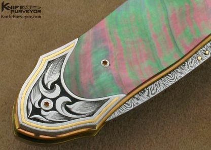 Owen Wood Custom Knives Blacklip Tahitian Pearl Shell Dagger Linerlock Engraved by Julie Warenski - Image 5