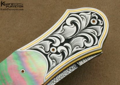 Owen Wood Custom Knives Blacklip Tahitian Pearl Shell Dagger Linerlock Engraved by Julie Warenski - Image 4