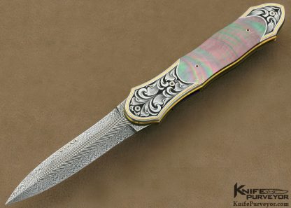 Owen Wood Custom Knives Blacklip Tahitian Pearl Shell Dagger Linerlock Engraved by Julie Warenski