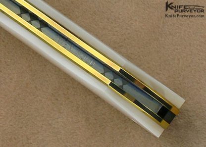 Owen Wood Custom Knife Sole Authorship Multibar Chevron and Explosion Damascus & Mother of Pearl Shell Linerlock Dagger - Image 7
