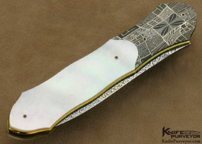 Owen Wood Custom Knife Sole Authorship Multibar Chevron and Explosion Damascus & Mother of Pearl Shell Linerlock Dagger - Image 3