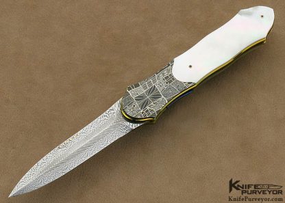 Owen Wood Custom Knife Sole Authorship Multibar Chevron and Explosion Damascus & Mother of Pearl Shell Linerlock Dagger