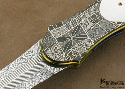 Owen Wood Custom Knife Sole Authorship Multibar Chevron and Explosion Damascus & Mother of Pearl Shell Linerlock Dagger - Image 2