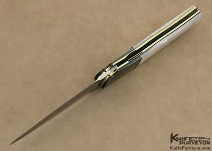 Owen Wood Custom Knife Sole Authorship Chevron Damascus, Anodized Titanium & Mother of Pearl Shell Liner Lock Dagger - Image 8