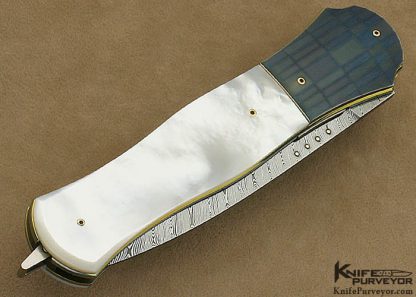 Owen Wood Custom Knife Sole Authorship Chevron Damascus, Anodized Titanium & Mother of Pearl Shell Liner Lock Dagger - Image 3