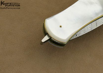 Owen Wood Custom Knife Sole Authorship Chevron Damascus, Anodized Titanium & Mother of Pearl Shell Liner Lock Dagger - Image 4