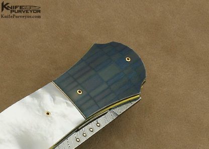 Owen Wood Custom Knife Sole Authorship Chevron Damascus, Anodized Titanium & Mother of Pearl Shell Liner Lock Dagger - Image 5