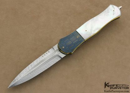 Owen Wood Custom Knife Sole Authorship Chevron Damascus, Anodized Titanium & Mother of Pearl Shell Liner Lock Dagger