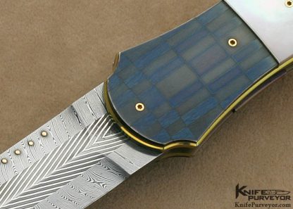 Owen Wood Custom Knife Sole Authorship Chevron Damascus, Anodized Titanium & Mother of Pearl Shell Liner Lock Dagger - Image 2
