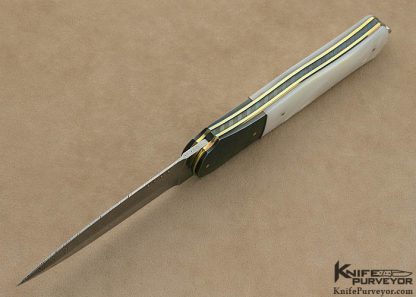 Owen Wood Custom Knife Sole Authorship Chevron Damascus, Anodized Titanium & Mother of Pearl Shell Liner Lock Dagger - Image 6