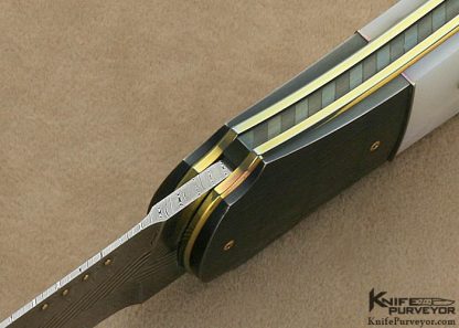 Owen Wood Custom Knife Sole Authorship Chevron Damascus, Anodized Titanium & Mother of Pearl Shell Liner Lock Dagger - Image 7