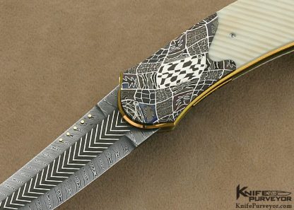 Owen Wood Custom Knife Fluted Mammoth Ivory Sole Authorship "Chevron & Twist" Damascus Persian Linerlock - Image 2