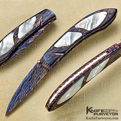 Francesco Pachi Custom Knife Blued Damascus Interframe with Mother of Pearl Inlays