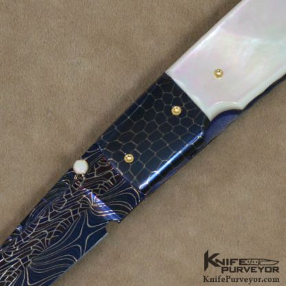 Francesco Pachi Custom Knife Blued Damascus & Mother of Pearl Linerlock - Image 2