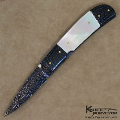 Francesco Pachi Custom Knife Blued Damascus & Mother of Pearl Linerlock