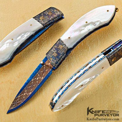 Francesco Pachi Custom Knives Mother of Pearl & Blued Mosaic Damascus Linerlock