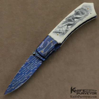 Francesco Pachi Custom Knives Mirella Pachi Scrimshawed Antique Elephant Ivory and Blued Sole Authorhsip Damascus Linerlock