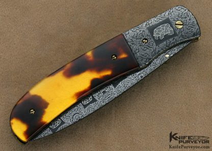 Cliff Parker Custom Knives Sole Authorship Mosaic Damascus & Antique Tortoise Shell Linerlock - Image 3