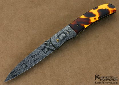 Cliff Parker Custom Knives Sole Authorship Mosaic Damascus & Antique Tortoise Shell Linerlock
