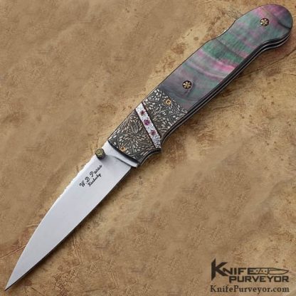 W.D. Pease Custom Knives Blacklip Tahitian Pearl Shell with Robert Eggerling Damascus Lockback
