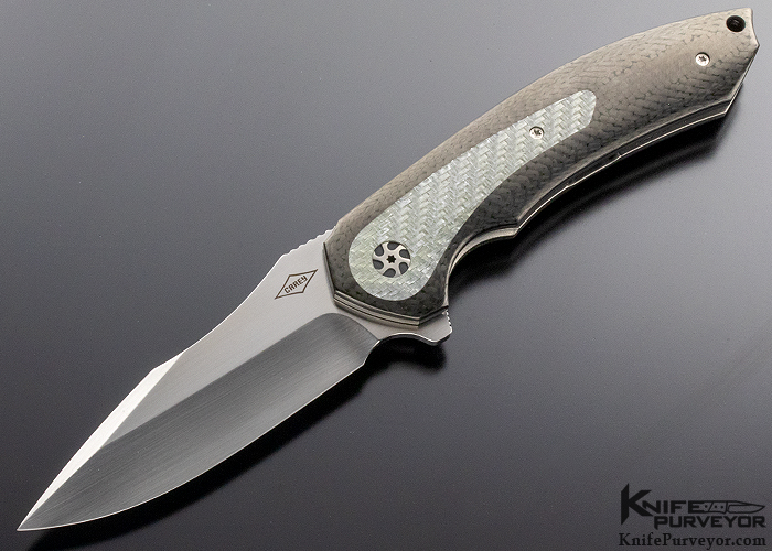 Peter Carey Custom Knife Black Carbon Fiber & Silver Twill Carbon Fiber "Corner Stone" Flipper