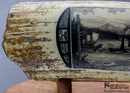 Peter Kinney Scrimshawed Mammoth Tusk Outer Bark with Orca Pod and Whaler Ship Accented with Traditional Inuit Art - Image 3