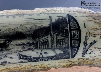 Peter Kinney Scrimshawed Mammoth Tusk Outer Bark with Orca Pod and Whaler Ship Accented with Traditional Inuit Art - Image 5
