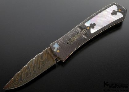 Peter Martin Custom Knife Sole Authorship Damascus & Mother of Pearl Shell Automatic Linerlock (Featured in a Video)