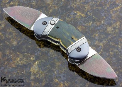 Phil Booth Custom Knife Mammoth & Damascus Double Blade Button Release - Image 3