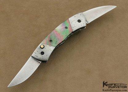 Phil Booth Custom Knife Black Lip Tahitian Pearl Shell & Damascus Double Blade Button Release