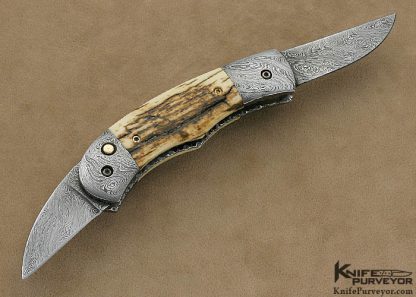Phil Booth Custom Knife Mammoth Ivory & Damascus Double Blade Button Release