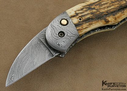 Phil Booth Custom Knife Mammoth Ivory & Damascus Double Blade Button Release - Image 2