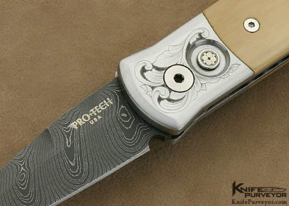 Protech Custom Knife Mastodon & Chad Nichols Damascus Button Release "Godson" Engraved by Tira Mitchell - Image 2