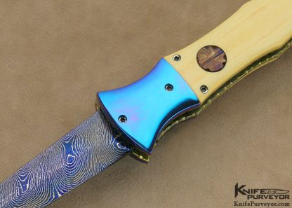 Rainy Vallotton Custom Knife Blued Damascus, Anodized Titanium & Ivory Micarta D/A Auto Dagger Linerlock - Image 2
