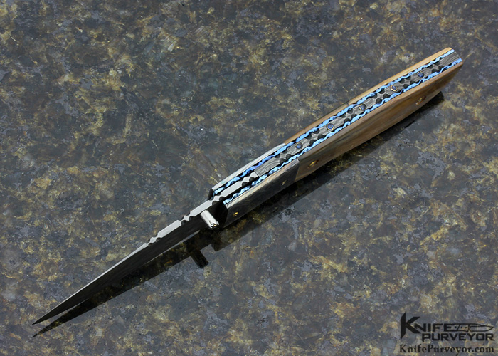 Ralph Freer Custom Knife Blued Damascus and Mammoth Linerlock - Image 3